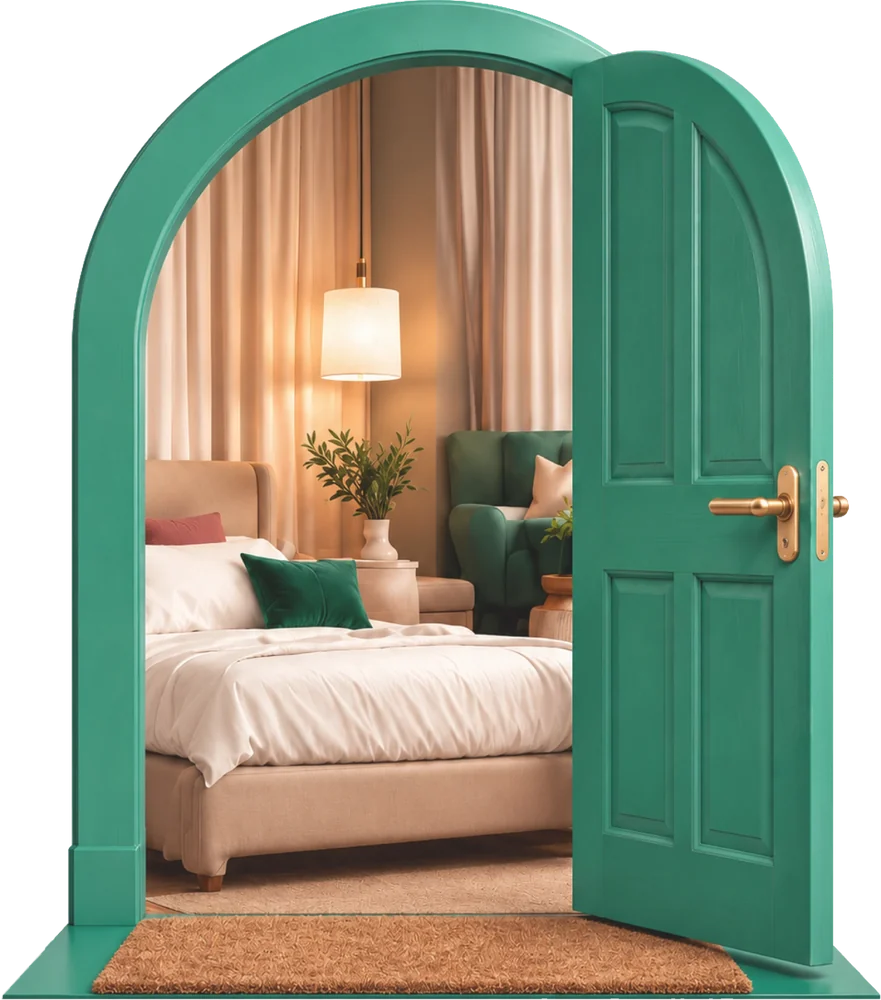 Porte verte ouverte sur une chambre d’hôtel, symbole de l’ouverture d’un projet hôtelier